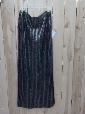 St. John Evening Marie Gray Black Gold Knit Paillettes Long Side Slit Skirt 14